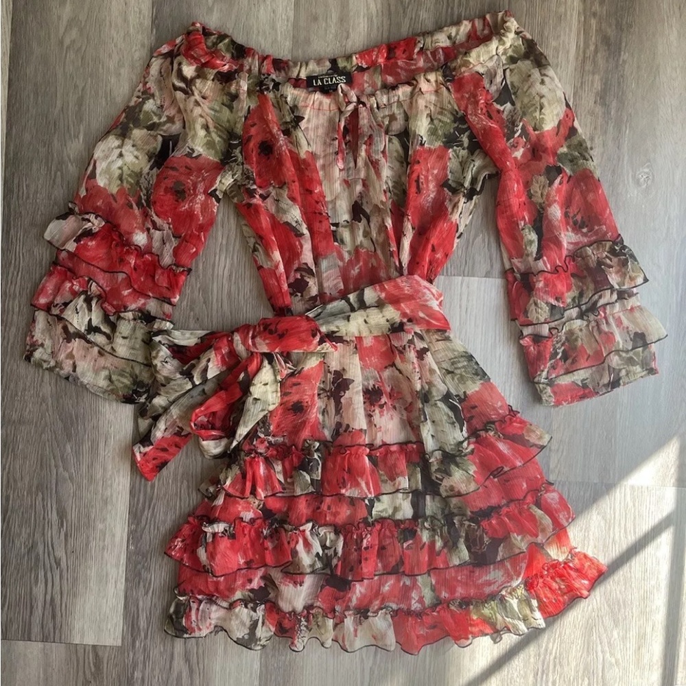 Floral Off-Shoulder Sheer Mini Dress - Picture 2 of 8